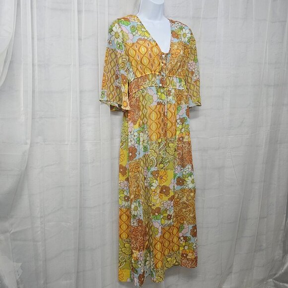 NWOT Emma & Michelle Orange Blue Floral Patchwork Hippie Dress Maxi Boho S - Picture 5 of 13